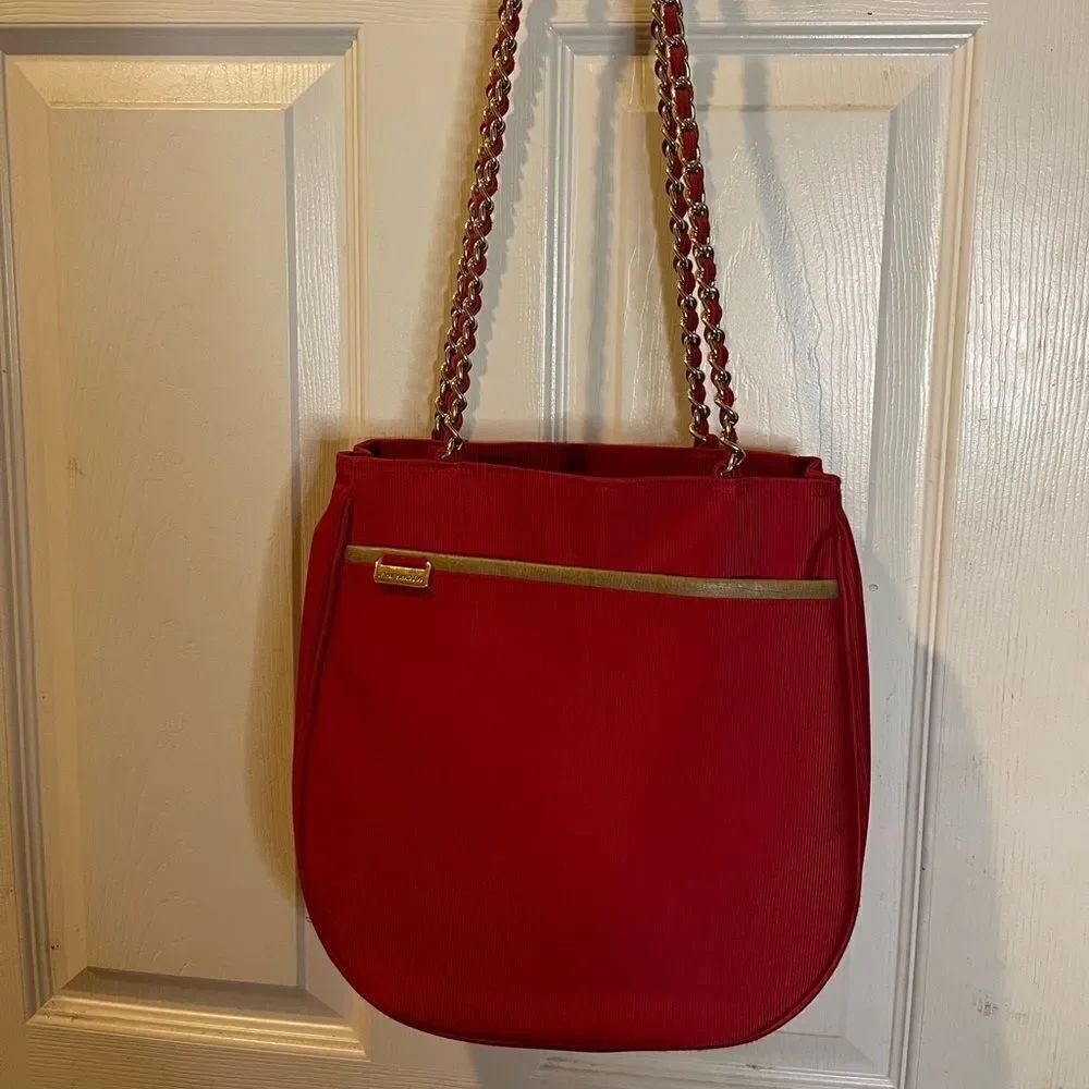 Club House by Jane Shelton Red fabric shoulder Bag double straps chain accent